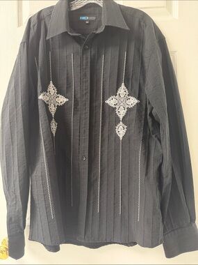 BC Collection Black Embroidered Guayabera Long Sleeve Shirt XXL